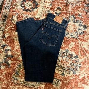 Levi’s, dark wash, straight leg classic jeans.